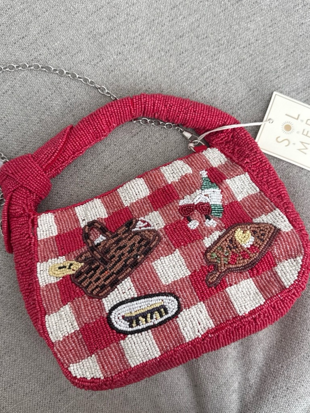 Red & White Beaded Picnic-Check Shoulder Bag